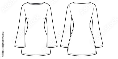 Women's Boat Neck Bell Sleeve A-Line Mini Dress-Front and Back View- Fashion Flat- Vector Illustration- CAD Mock-up