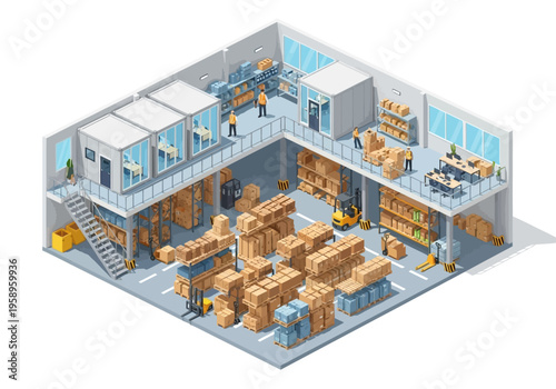 Isometric illustration of a modern warehouse interior with forklifts, storage shelves, and workers