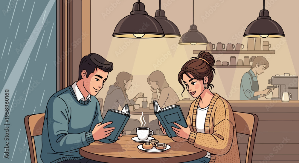 Naklejka premium Couple Reading Books at Cozy Cafe on Rainy Day