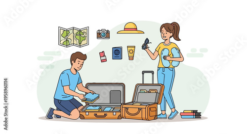 Couple packing suitcases for vacation, travel essentials, map, passport, camera, hat