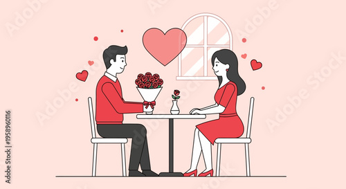 Couple on Valentine's Day Date, Man Gives Flowers to Woman at Restaurant Table