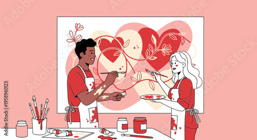 Couple painting hearts together, expressing love and creativity in art class