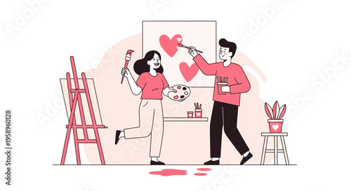 Couple painting hearts on canvas, creative hobby, romantic art, studio, love concept