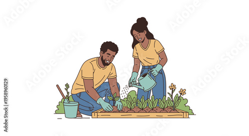 Couple planting and watering vegetables in a garden, healthy lifestyle, organic food concept