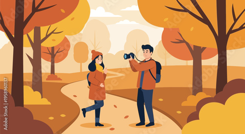 Couple photographing in autumn park with colorful trees and fallen leaves