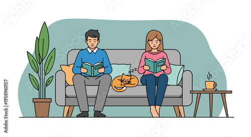 Couple reading books on sofa with sleeping cat, cozy home lifestyle, relaxation and leisure
