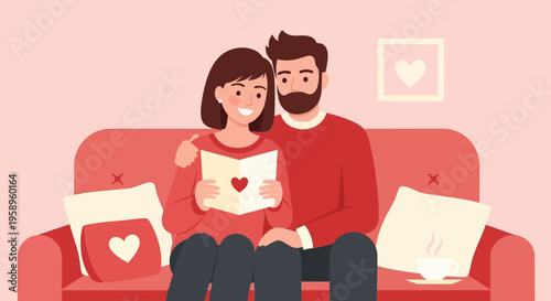 Couple Reading Love Letter on Sofa, Valentine's Day Celebration, Romantic Home Scene