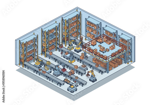 Automated warehouse with robots and conveyor belts for efficient logistics and inventory management