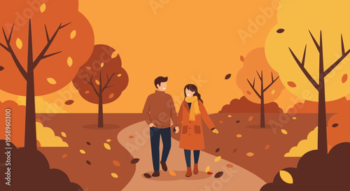Couple walking in autumn park, falling leaves, warm colors, romantic season, fall foliage