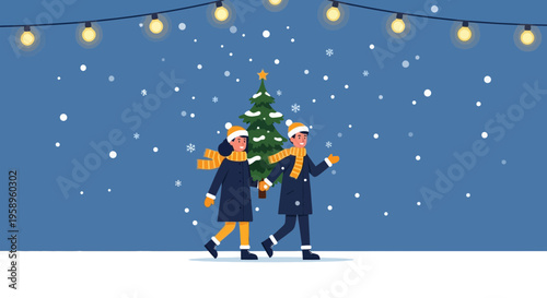Couple walking in snow under Christmas lights with tree