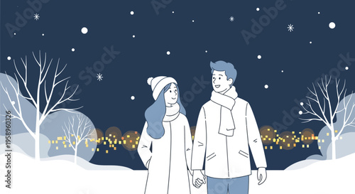Couple walking in snowy park at night with bokeh lights