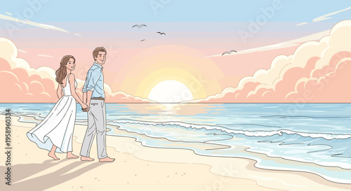 Couple walking on beach at sunset holding hands, romantic getaway, love, vacation