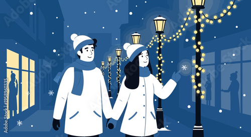 Couple walking in snowy street decorated with Christmas lights, winter romance