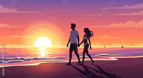 Couple walking on beach at sunset, romantic evening, ocean waves, vibrant sky