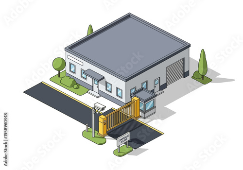 Isometric illustration of an industrial building with a security gate and guardhouse