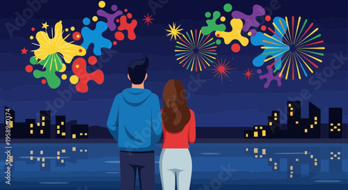 Couple watching colorful abstract fireworks over city skyline at night