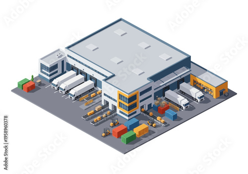Modern logistics warehouse with loading docks and delivery trucks, isometric illustration
