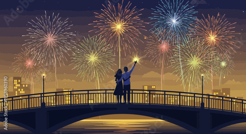 Couple watching fireworks on bridge, romantic celebration, city skyline, pixel art style