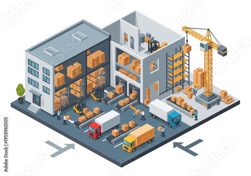 Logistics and supply chain operations with trucks, forklifts, and cranes in a warehouse