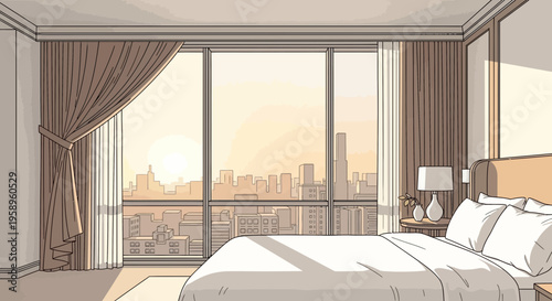 Cozy Bedroom with City View at Sunrise, Anime Style