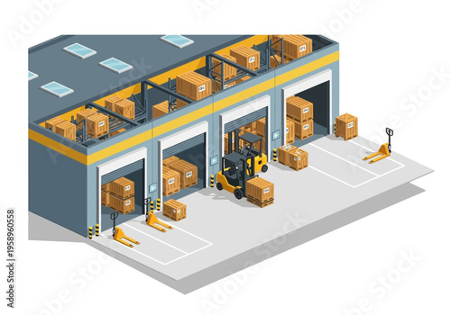 Logistics and warehouse industrial building with cargo loading and unloading operations by forklift and pallet jacks