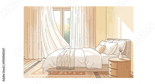 Cozy bedroom with sunlight streaming through sheer curtains, creating a peaceful atmosphere.