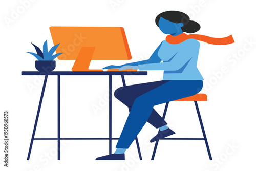 Modern flat vector illustration of a professional woman working on a computer at her desk, remote work and freelance concept.