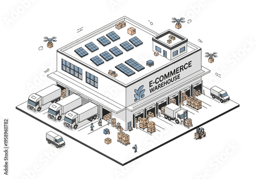 Modern e-commerce warehouse with delivery trucks, drones, and solar panels, illustrating logistics and distribution