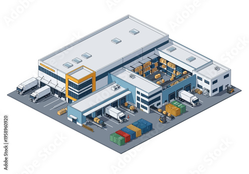 Modern logistics and distribution warehouse with loading docks and delivery trucks, representing efficient supply chain operations