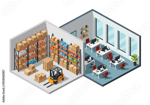 Modern warehouse and office space with forklift and workstations