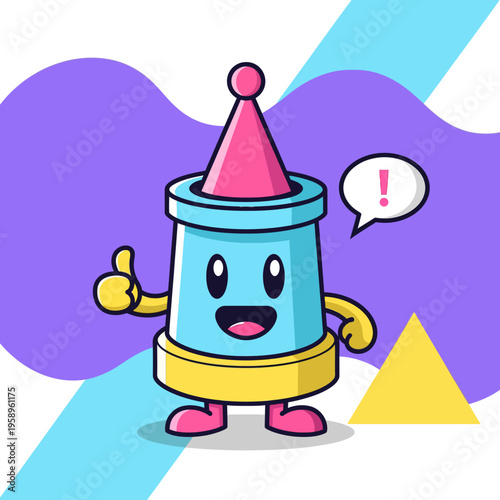 Happy cartoon cylinder character with party hat and speech bubble
