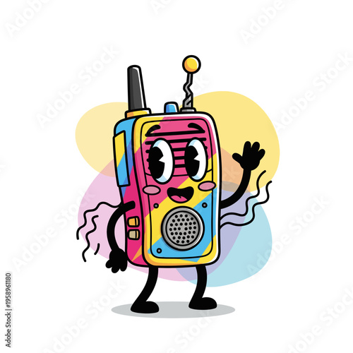 colorful cartoon walkie talkie with smiling face waving