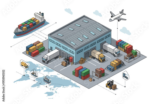 Global logistics and shipping operations, including cargo ships, trucks, airplanes, and warehouses for distribution and supply chain management