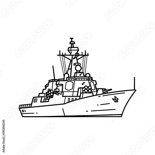 Military warship vessel illustration, naval boat line art