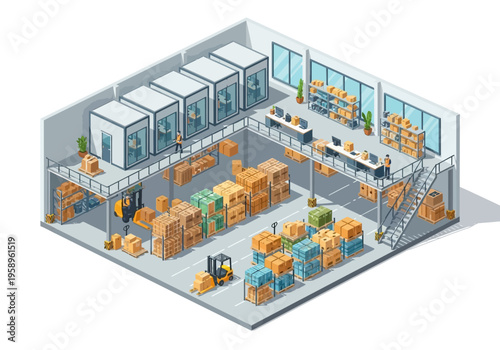 Warehouse interior with workers, forklifts, and stacked cargo boxes, illustrating logistics and distribution operations