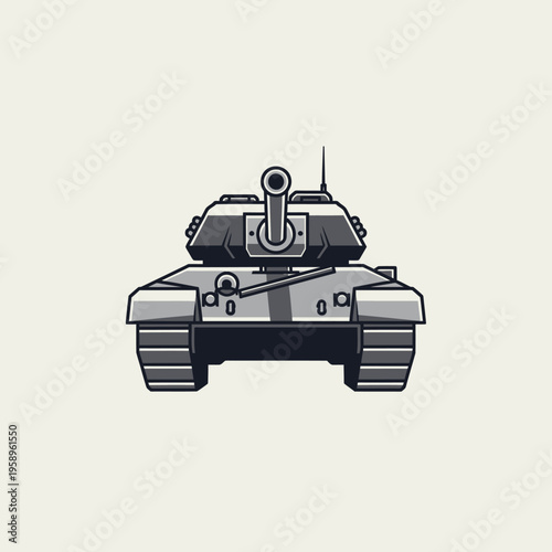 Gray military tank with gun barrel pointing forward, armored vehicle illustration