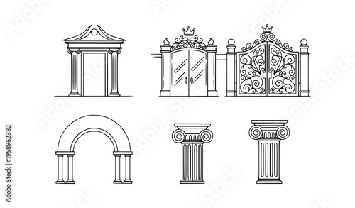 Royal entrance icons set palace gates and luxury doorway vector illustration