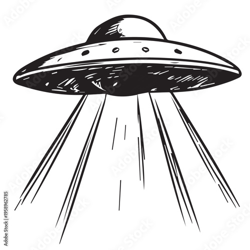 A vector sketch of a hand drawn UFO flying and preparing to land, featuring loose lines and draft details that create a mysterious and imaginative sci fi atmosphere.