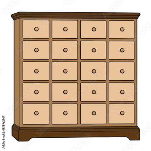 A vector illustration of a wooden office locker cabinet with many compartments, designed for organized storage, featuring clean lines and a warm, professional look.