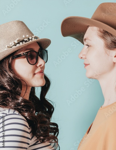 Millinery Musings: Two women, exuding chic flair in their fashionable headwear, engage in an intimate, face-to-face exchange against a soft, monochromatic backdrop.