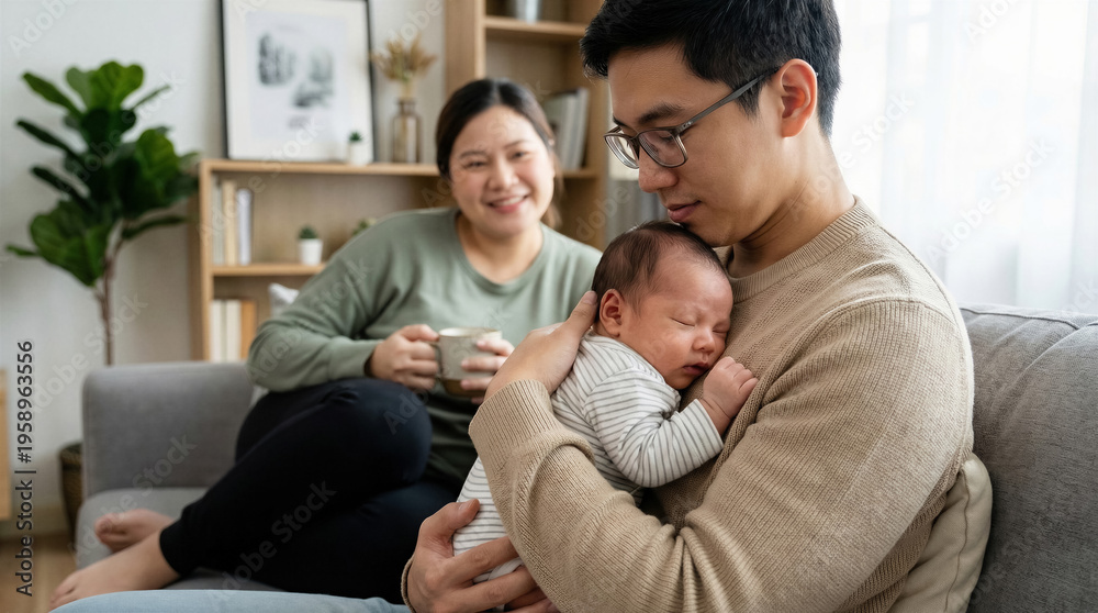 Obraz premium A tender moment between a father and his newborn baby while his mother relaxes on the sofa in the background with a cup of coffee