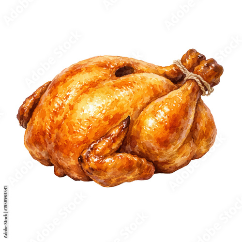 Obraz na płótnie A watercolor roasted whole chicken clip art featuring a golden glazed roast chicken in a rich savory food style