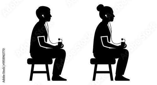 Two individuals engaged in conversation with headphones and drinks in hand. Vector, illustration