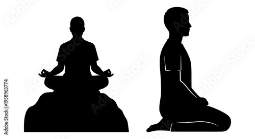 Two different meditation postures depicted in silhouette form for relaxation and focus. Vector, illustration