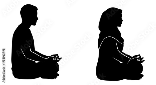 Two individuals sitting cross-legged in quiet contemplation or meditation posture Vector, illustration