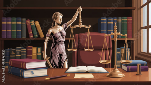 Justice statue holding scales and sword on wooden desk in law library with books and documents
