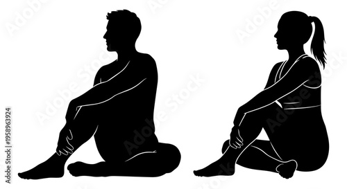 A silhouette of two individuals sitting apart in contemplative or distant postures. Vector, illustration