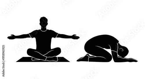 Yoga poses showing cross-legged meditation and child-like forward bend positions Vector, illustration