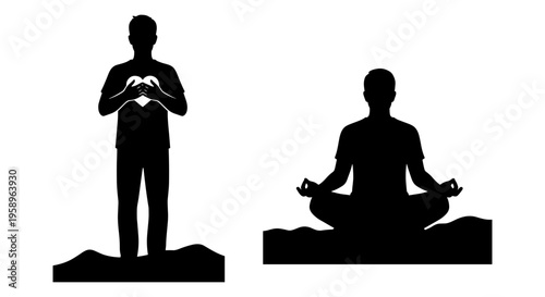 Two meditation and heart-opening yoga poses illustrated in silhouette form. Vector, illustration