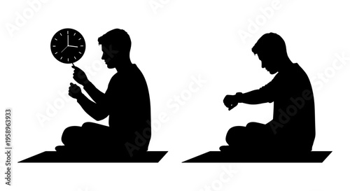 Two individuals adjusting wristwatches while sitting on the floor Vector, illustration